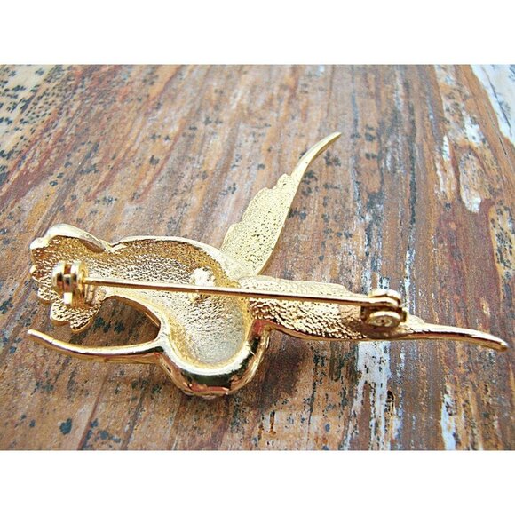 Vintage Hummingbird Brooch Pin Rhinestones Clear Red Crystal Gold Tone 1.75x1.5" - Picture 5 of 12